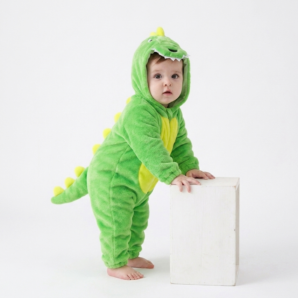 Full-length view of the green Snugasaurus onesie